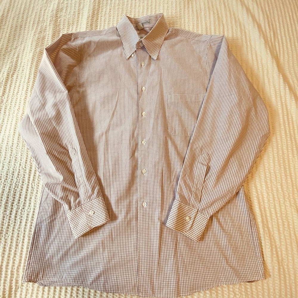 Geoffrey Beene Shirt Mens 16 34/35 White/Burgandy Plaid Long Sleeve Button Up